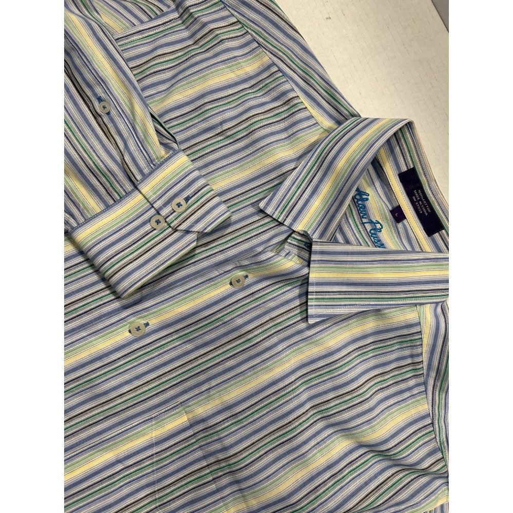 Alan Flusser Mens Large Striped Blue Yellow Green Button Up Long Sleeve Shirt